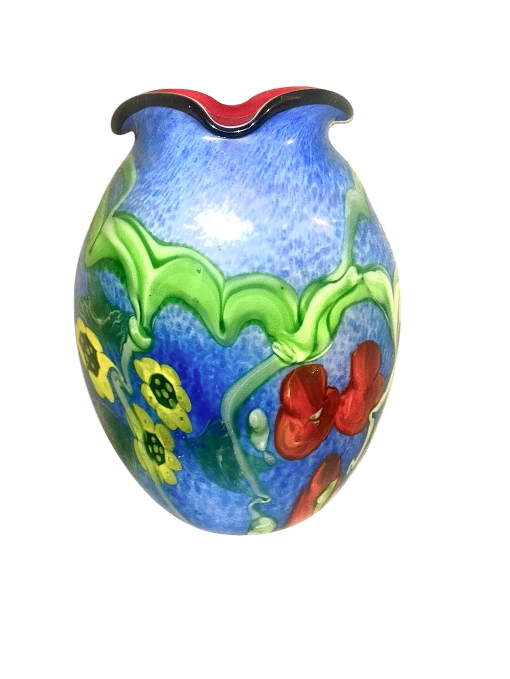 Hand-Blown Blue Floral Art Glass Vase with Red and Yellow Accents